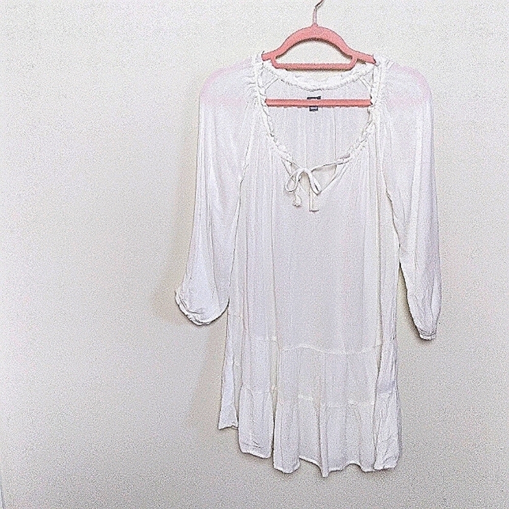 Aerie Tiered White Gauzy Pool to Party Long Sleeve Lightweight Mini Dress Small